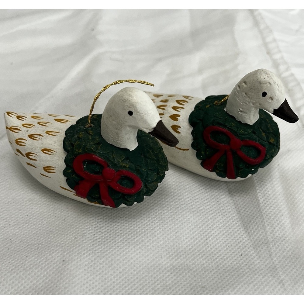 Vintage Christmas Goose Geese Duck Ornaments White Wood Holiday Country Farm